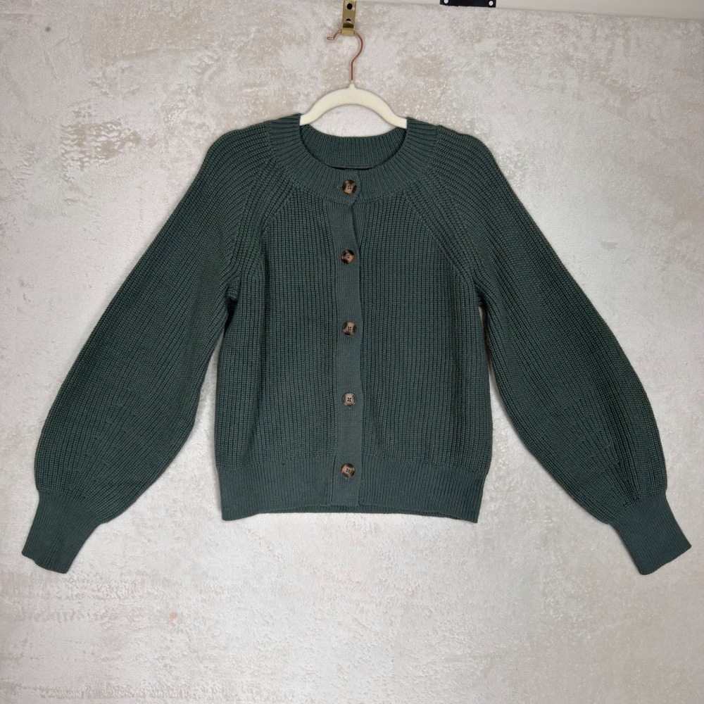 Banana Republic M Forest Green Chunky Knit Balloon Sleeve Button Sweater Preppy